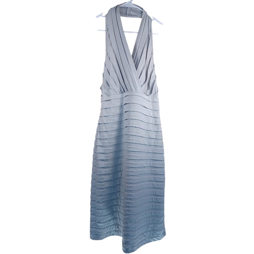 Tadashi Shoji Silver Bandage Cocktail Dress Halter V-Neck Layered Pintuck Size L